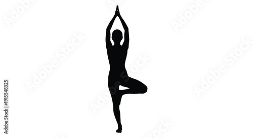 A black silhouette of a person performing tree pose yoga against a stark white background conveying balance and serenity