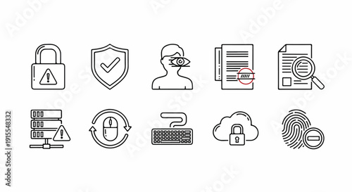 Icons representing various aspects of cybersecurity and data protection measures. Vector