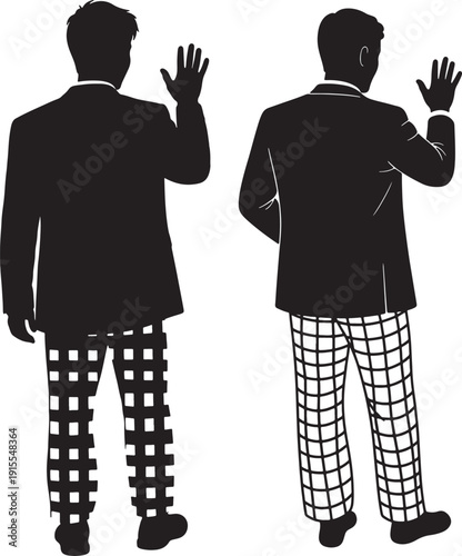 silhouette of two businessmen with checkered pants waving