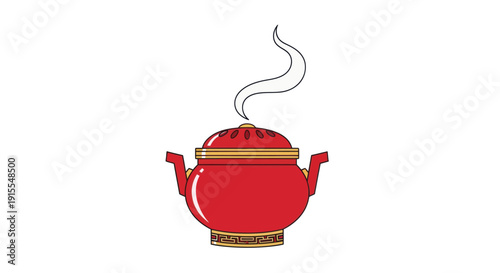 Steaming Red Pot with Lid, Isolated on White Background, Culinary Concept