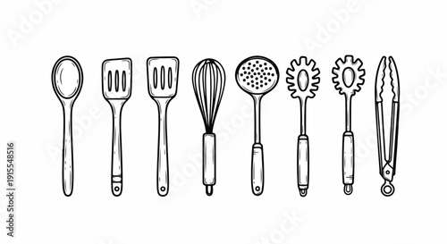 A collection of various kitchen utensils displayed in a row. Vector