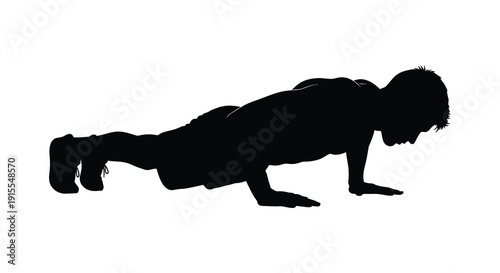 A black silhouette depicts a person performing a push up exercise on a white background showcasing strength and fitness