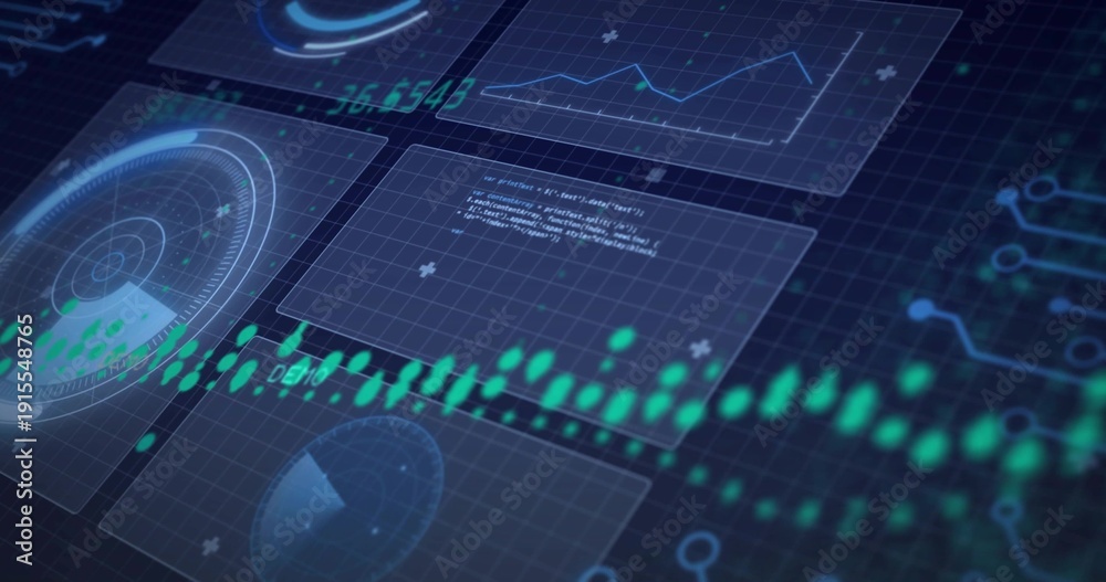 Fototapeta premium Animating neon-green waveform with glowing nodes traversing HUD panels on dark grid, radar widgets