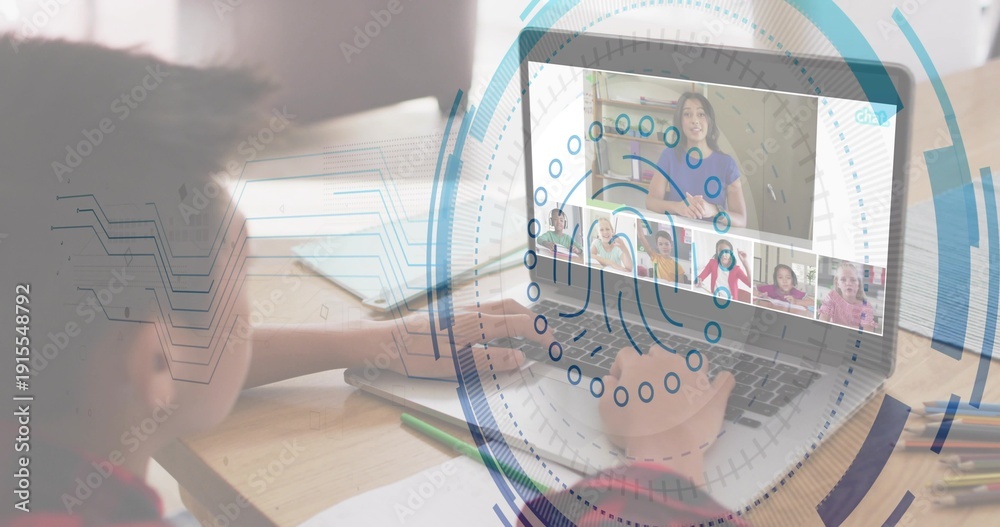 © vectorfusionart - Typing student wearing red-sleeved top joining virtual class at home, laptop with tech overlay