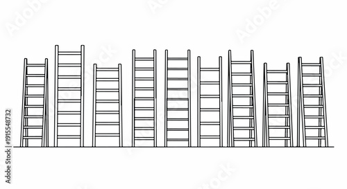 A row of identical ladders leaning against a wall in a straight line Vector