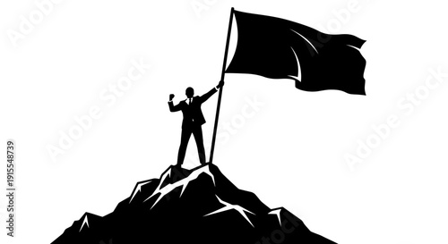 Silhouette of a triumphant businessman planting a flag on a mountain peak.