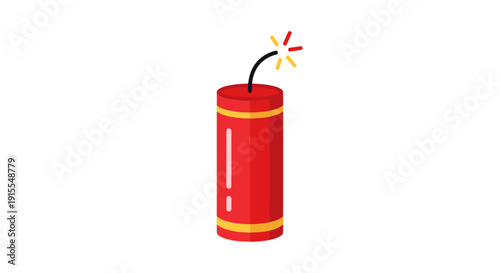 Explosive Red Firecracker with Lit Fuse, Isolated on White Background