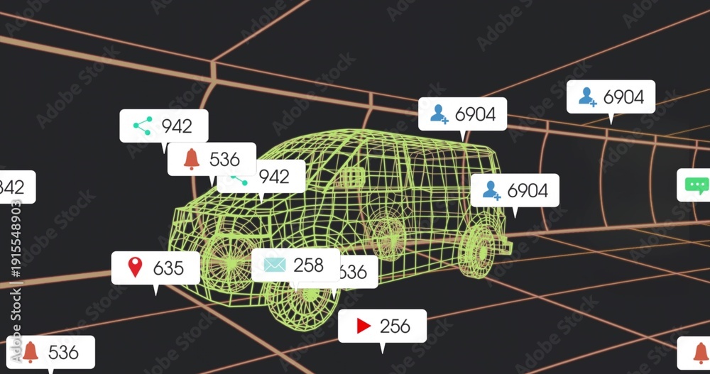 Obraz premium Rendering neon-green wireframe car model rotating in orange grid, showing floating alert badges