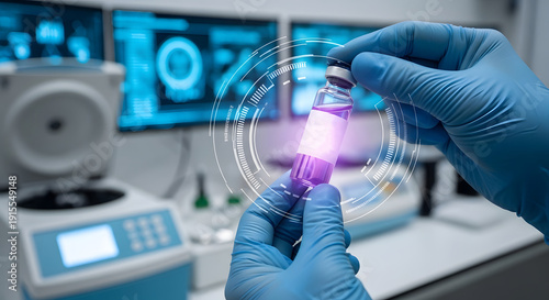 Gloved hands holding purple liquid vial with laboratory equipment and screens in medical science technology setting