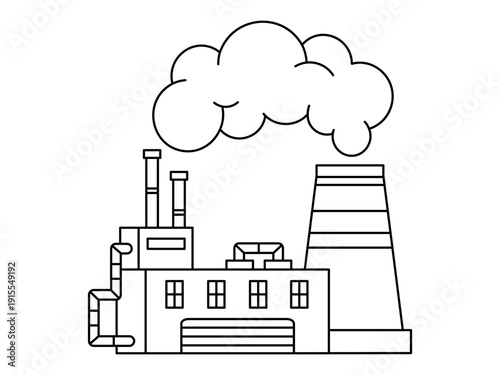 Hand drawn cute outline illustration of factory with smoke from pipe. Flat vector plant chimney building line art doodle. Environmental change sticker, icon. Industrial waste pollution. Isolated.