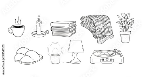 A variety of household items and plants arranged in a simple illustration Vector
