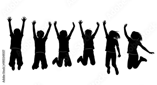 Silhouette of Diverse Children Joyfully Jumping Together.