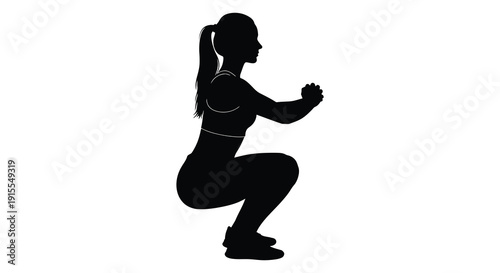 A black silhouette depicts a woman performing a squat exercise showcasing fitness and athletic movement against a plain white background