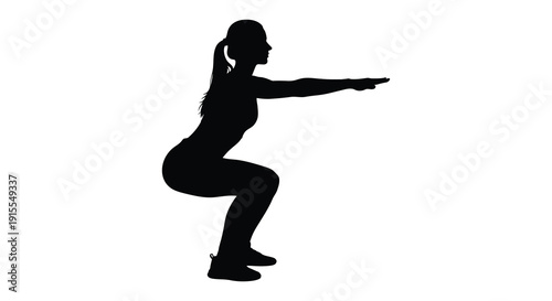 A black silhouette depicts a woman performing a squat exercise demonstrating fitness and athletic movement against a stark white background