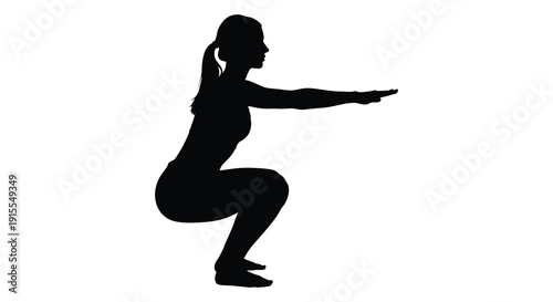 A black silhouette depicts a woman performing a squat exercise with arms extended forward showcasing a fitness movement