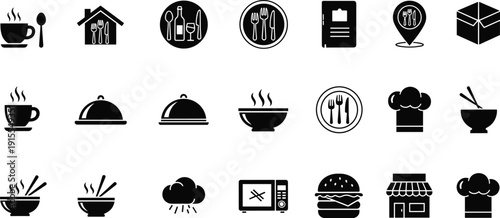 Restaurant and food icons set with coffee cup, cloche, chef hat, burger, menu and location pin solid black vector illustration for catering business design