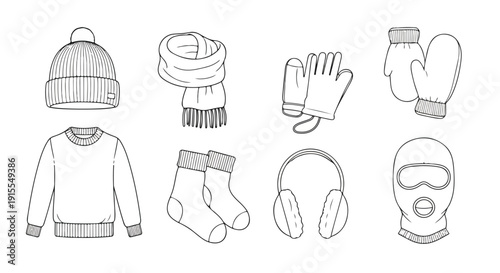Assorted winter clothing items for cold weather protection and comfort Vector