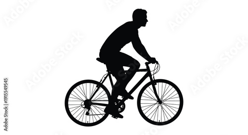 A black silhouette depicts a cyclist riding a road bike showcasing dynamic movement and athletic posture against a stark white background