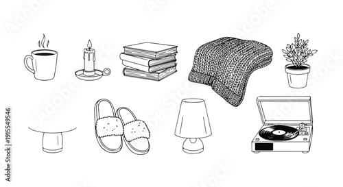A cozy living room with various decorative items and plants Vector