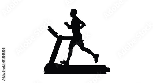 A black silhouette depicts a man energetically running on a treadmill showcasing athletic movement against a stark white background