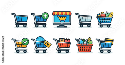 Shopping cart flat icon set with e-commerce and retail elements