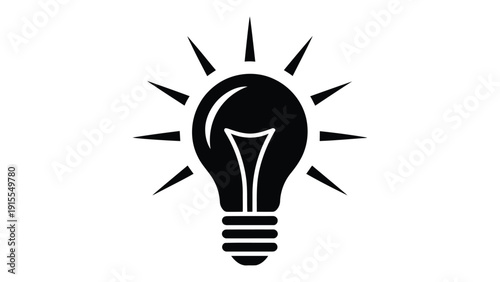 Minimal light bulb idea icon with shining rays creative innovation concept simple black silhouette symbol isolated on background flat design