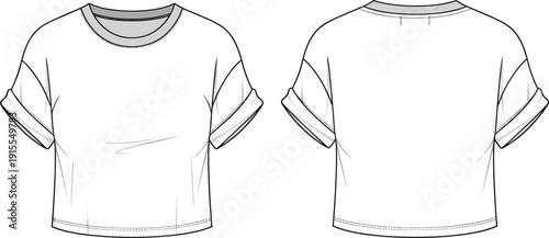 Technical flat sketch of women short sleeve crew neck crop top with rolled cuffs, cad drawing flat vector illustration apparel template