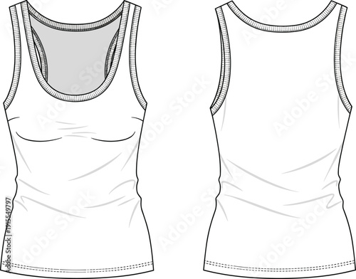 Technical flat sketch of women ribbed scoop neck tank top, sleeveless slim fit vest template, cad drawing flat vector illustration for apparel design