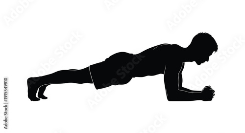 A black silhouette depicts a muscular man performing a plank exercise showcasing fitness and core strength training in a dynamic pose