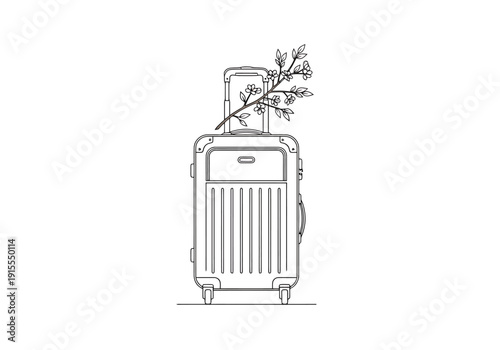 Modern Wheeled Luggage Packed With Delicate Floral Branch Ready For Travel Adventure Journey Vacation Holiday Expedition