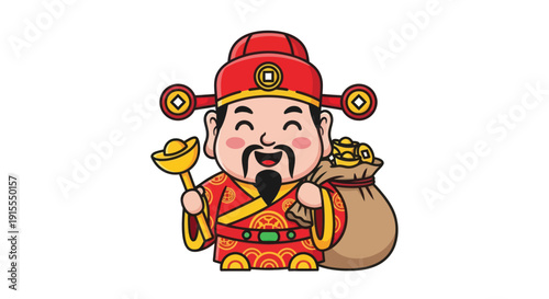 Charming Chinese God of Wealth, Cai Shen, holding gold ingot and money bag, cartoon style.