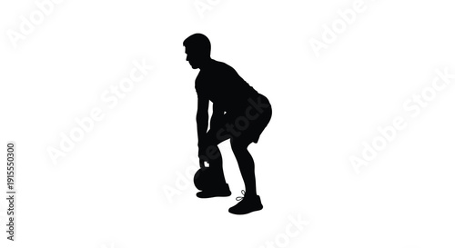 A black silhouette of a man performing a kettlebell exercise bending at the waist with focused intensity against a stark white background