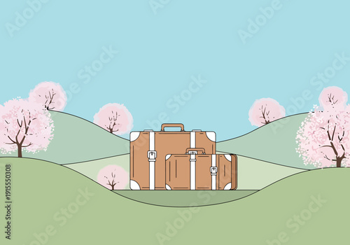 Vintage luggage sits outside amidst rolling green hills and blooming cherry trees under a clear blue sky symbolizing travel and adventure preparation