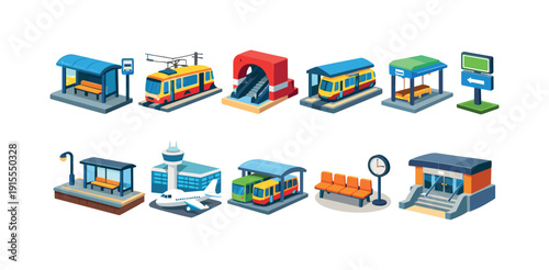 Transport and urban 3d icon set. Bus, train, and city elements in 3d style
