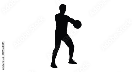 A black silhouette of a male athlete throwing a ball forward with an athletic stance against a stark white background