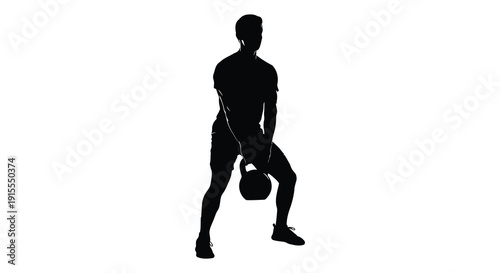 A black silhouette depicts a muscular man performing a kettlebell swing exercise demonstrating strength and fitness against a stark white background