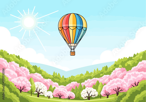 Colorful hot air balloon floats serenely above a blooming spring landscape with lush green hills and vibrant trees under a bright sunny sky