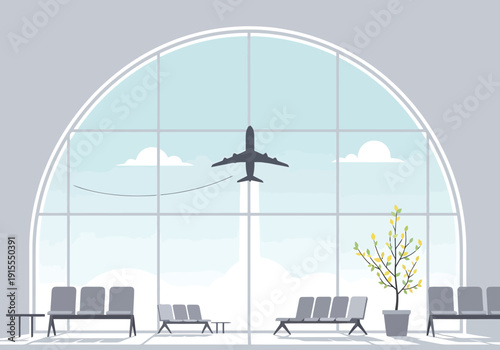 Modern airport terminal interior with large arched window overlooking airplane taking off into a clear blue sky with clouds and a potted tree nearby