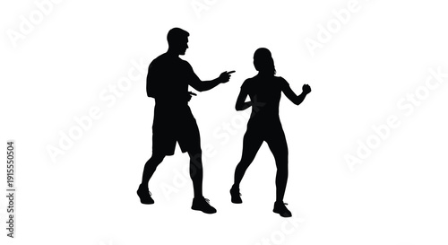 A black silhouette depicts two figures a man gesturing and a woman in a dynamic athletic stance against a stark white background