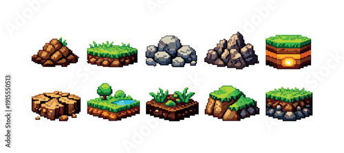 Nature terrain icon set. Pixel art landscape elements collection in flat style