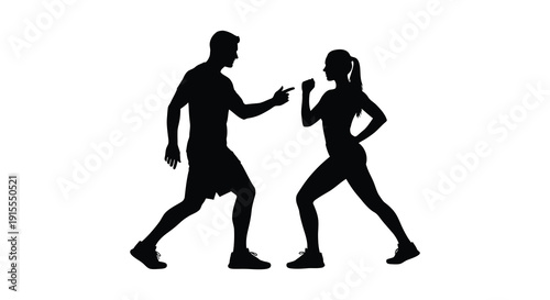 A striking black silhouette depicts a man gesturing while a woman points emphatically suggesting a disagreement or animated discussion