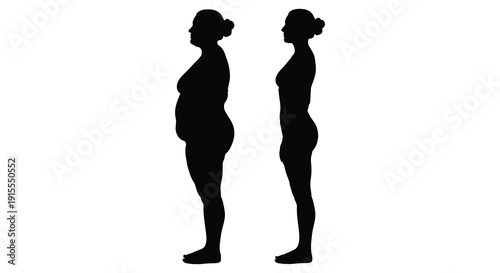 Two female figures depicted in contrasting body shapes one with a fuller figure and the other slender presented as a silhouette