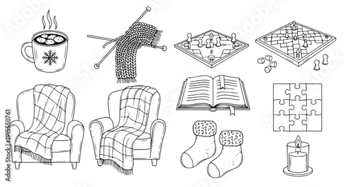 A collection of cozy and creative activities and items for a relaxing afternoon Vector