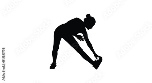 A black silhouette depicts a woman in athletic wear stretching her leg forward showcasing a dynamic yoga or fitness pose silhouette