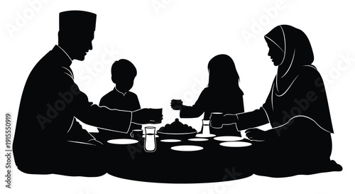 A black silhouette depicts a family of four seated around a table sharing a meal together in a traditional setting