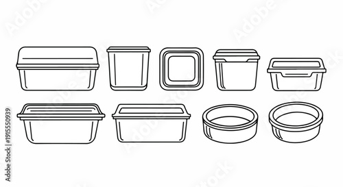 Assorted plastic food storage containers with lids in various sizes and shapes Vector