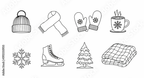 Winter activities and items illustrated in a simple line drawing style Vector