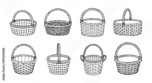 A collection of various wicker baskets with different shapes and handles Vector