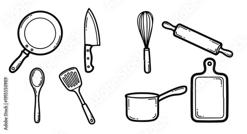 A collection of various kitchen utensils and tools essential for cooking and baking Vector