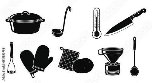 A collection of various kitchen utensils and appliances in a minimalist design Vector
